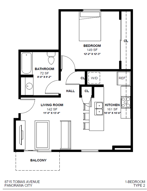Floor plan for 1 bed, 1 bath